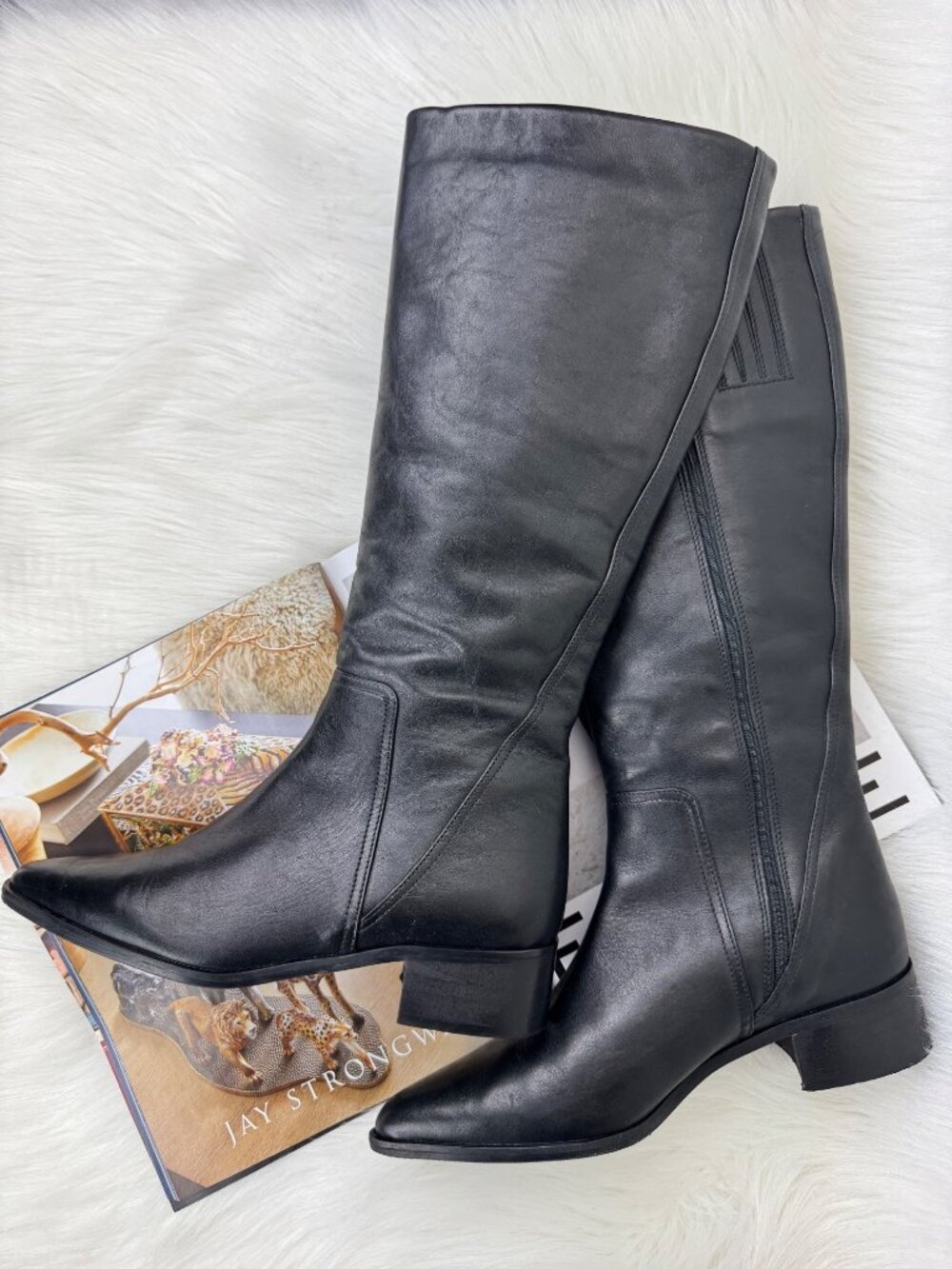 Women's Fabianelli Black Leather Knee High Pointed Toe Riding Boots US 9